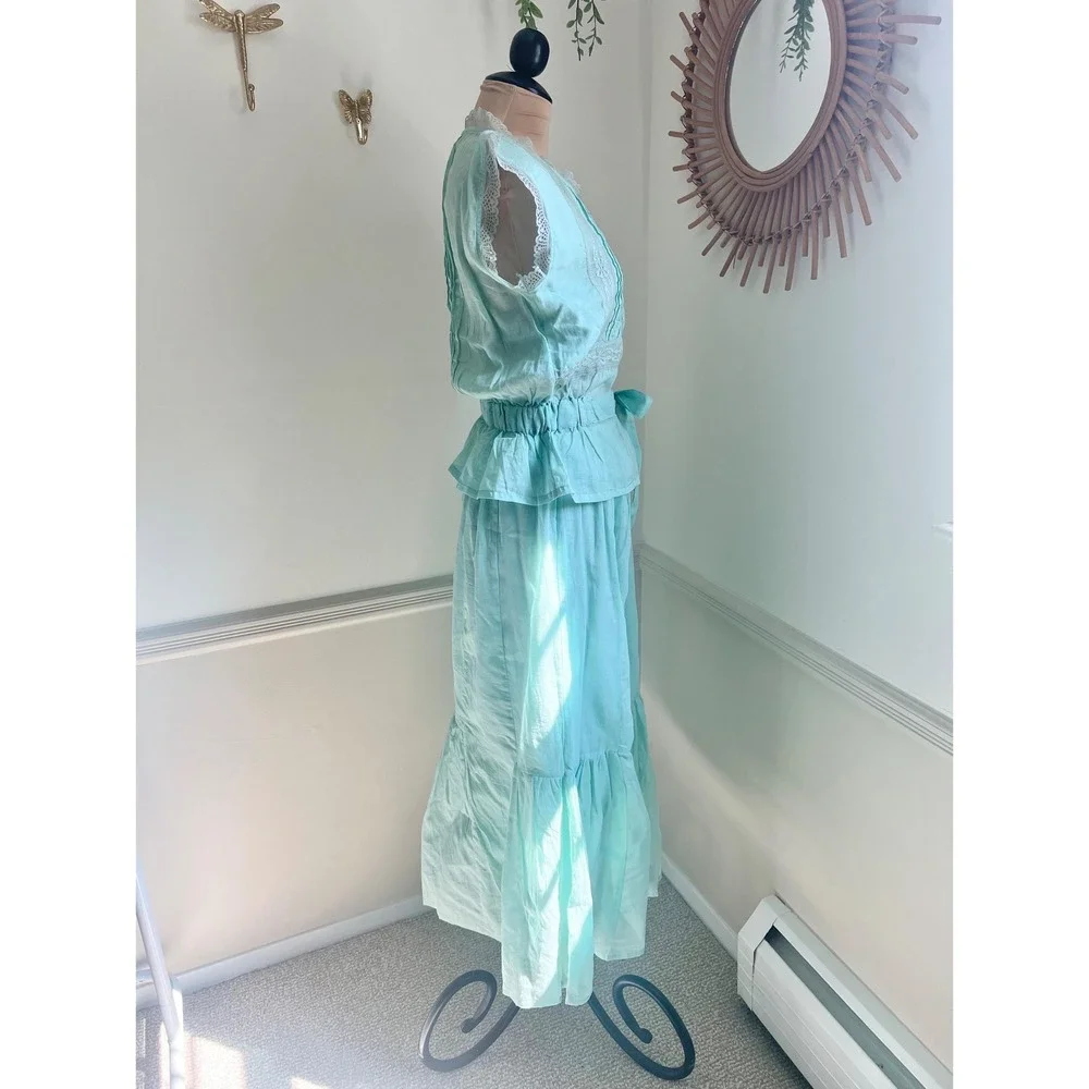 Vintage Chadia Victorian Two‎ Piece Blue Teal Lace Maxi Skirt and Blouse Set